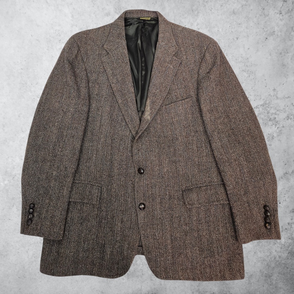 Vintage Mens Herringbone Tweed Blazer 100% Pure Wool Brown Sport Coat 40R ACTWU